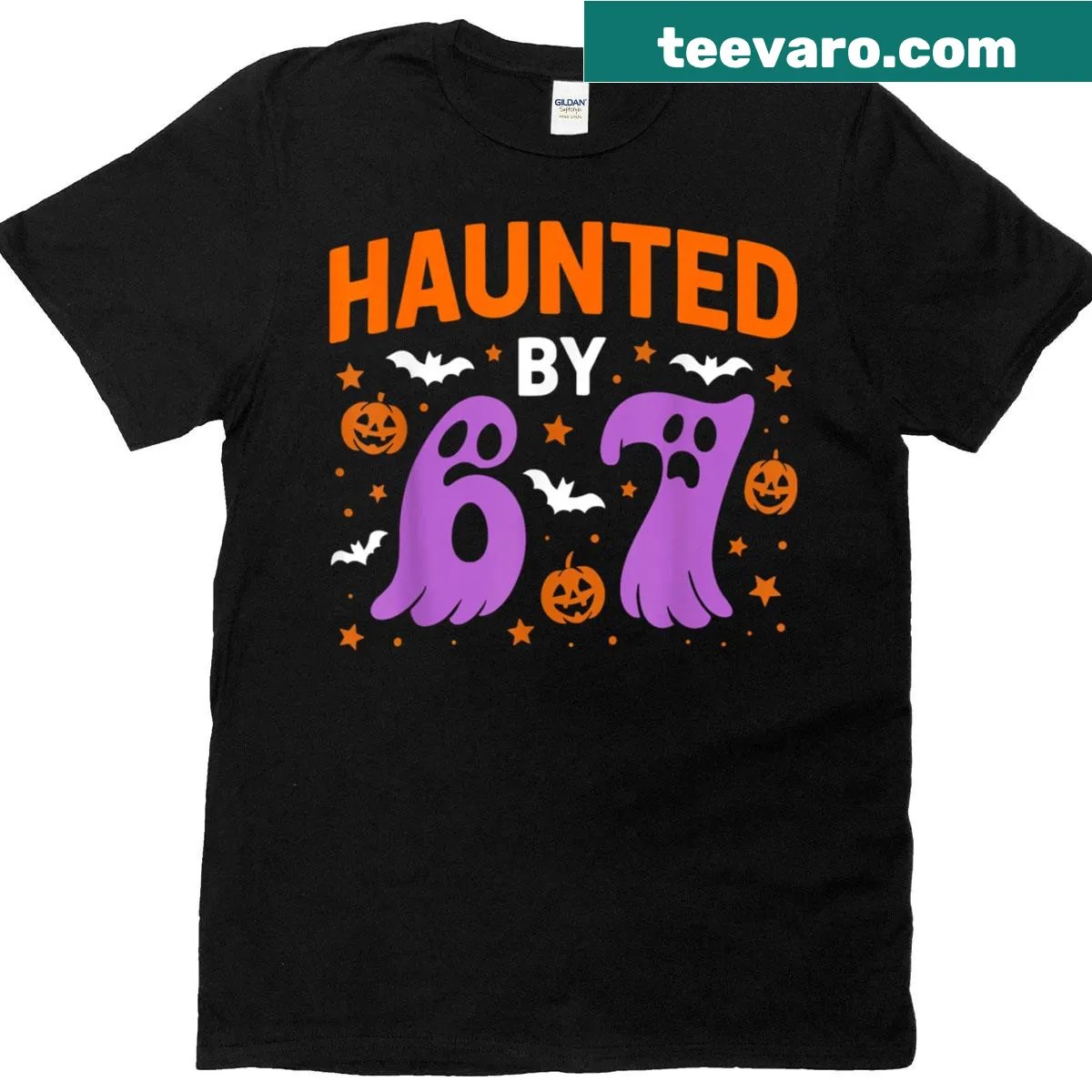 Funny Halloween T-shirt with the phrase 'Haunted By 67' — on a men's t-shirt