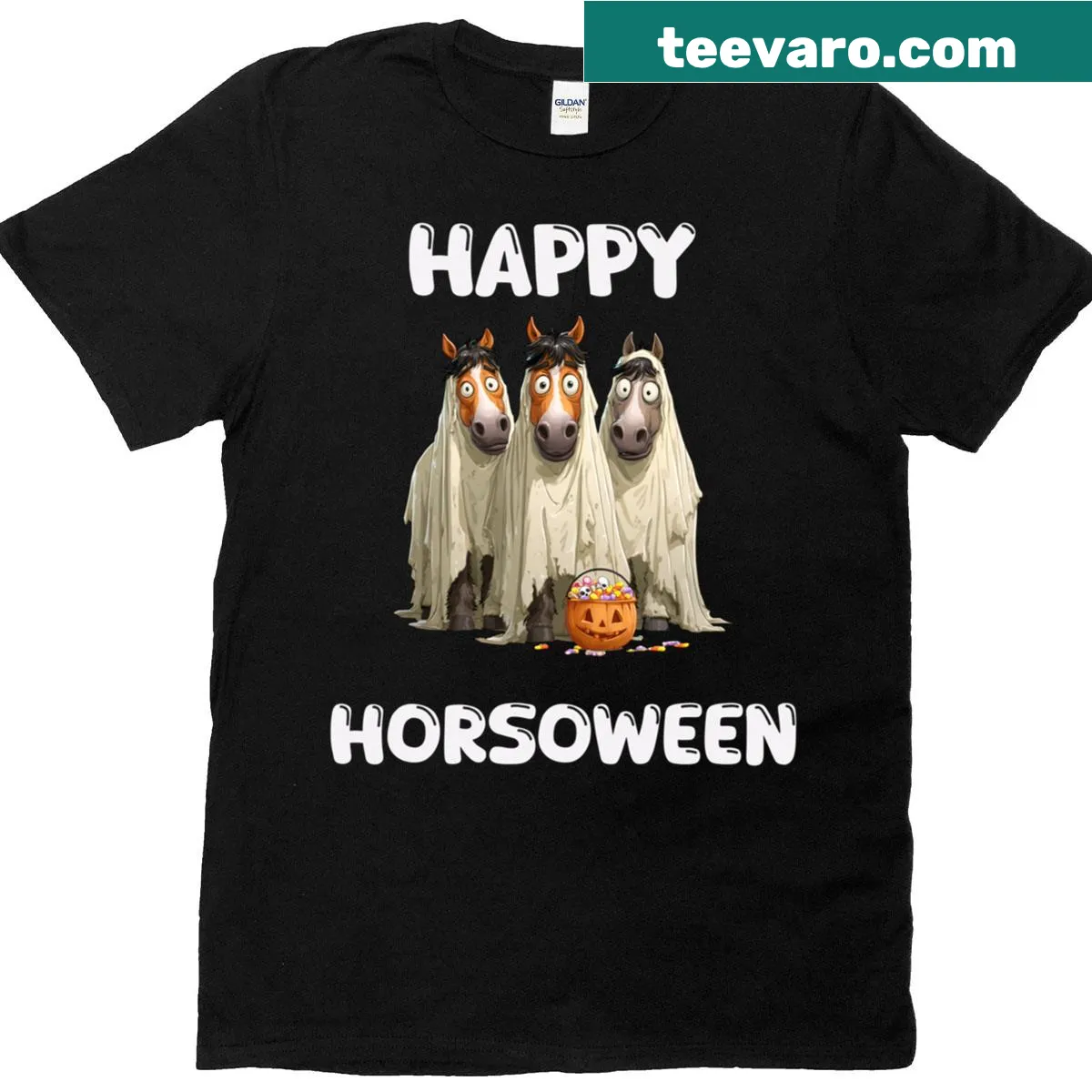 Cute Halloween shirt featuring ghostly horses for horse lovers — on a men's t-shirt
