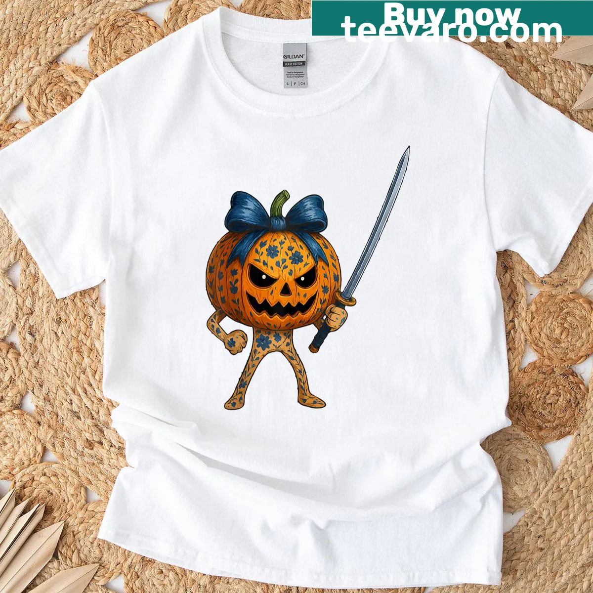 Trendy Halloween T-shirt featuring a pumpkin aesthetic in chinoiserie style — on a men's t-shirt