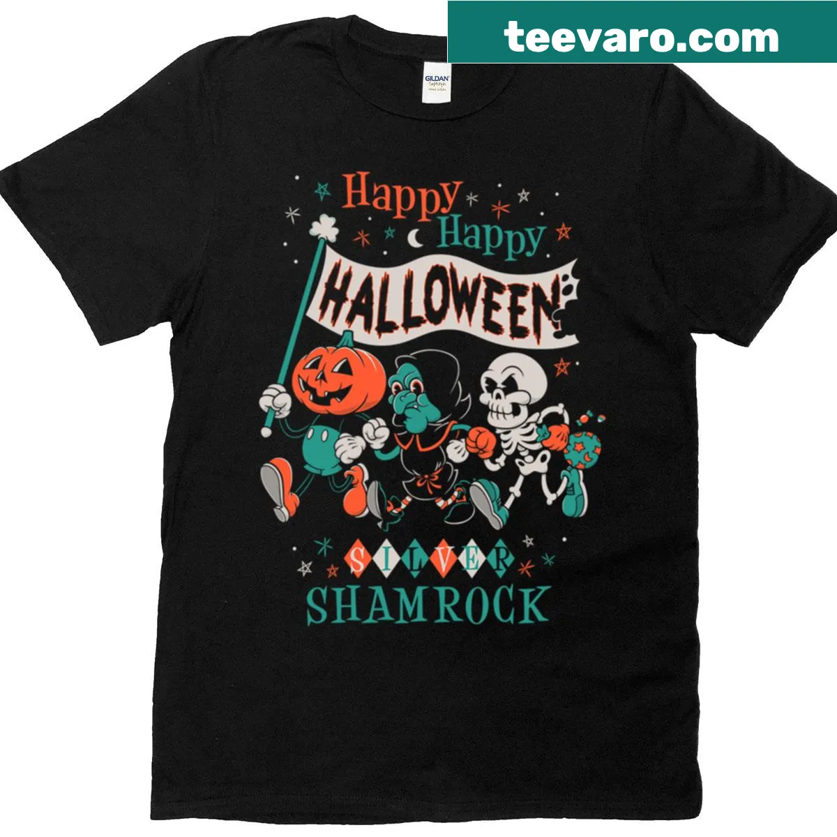 Vintage cartoon T-shirt with a cute pumpkin and Silver Shamrock design — on a men's t-shirt
