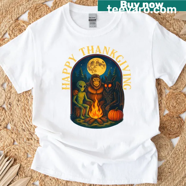 T-shirt featuring a humorous Thanksgiving design with mythical creatures