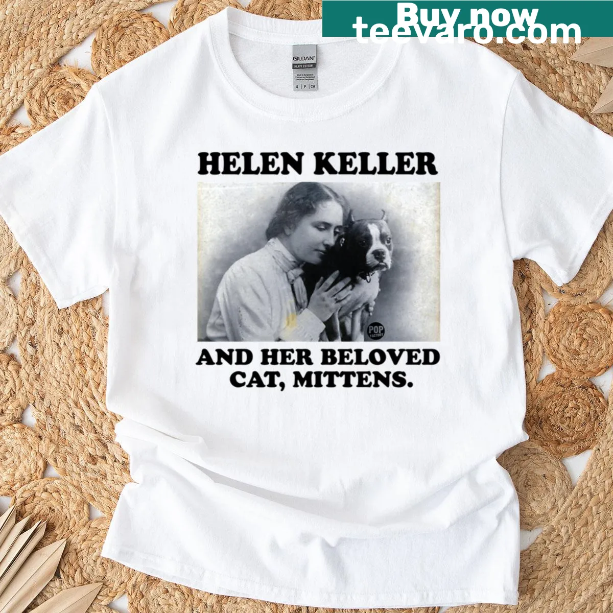Illustrated T-shirt featuring Helen Keller and her cat Mittens — on a men's t-shirt