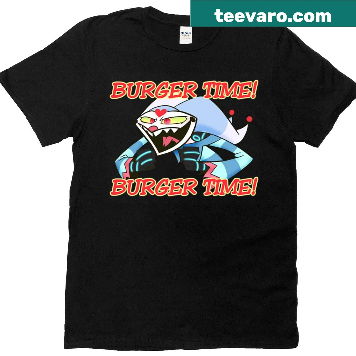 Funny cartoon t-shirt featuring Fizzarolli from Hellaverse making burgers — on a men's t-shirt