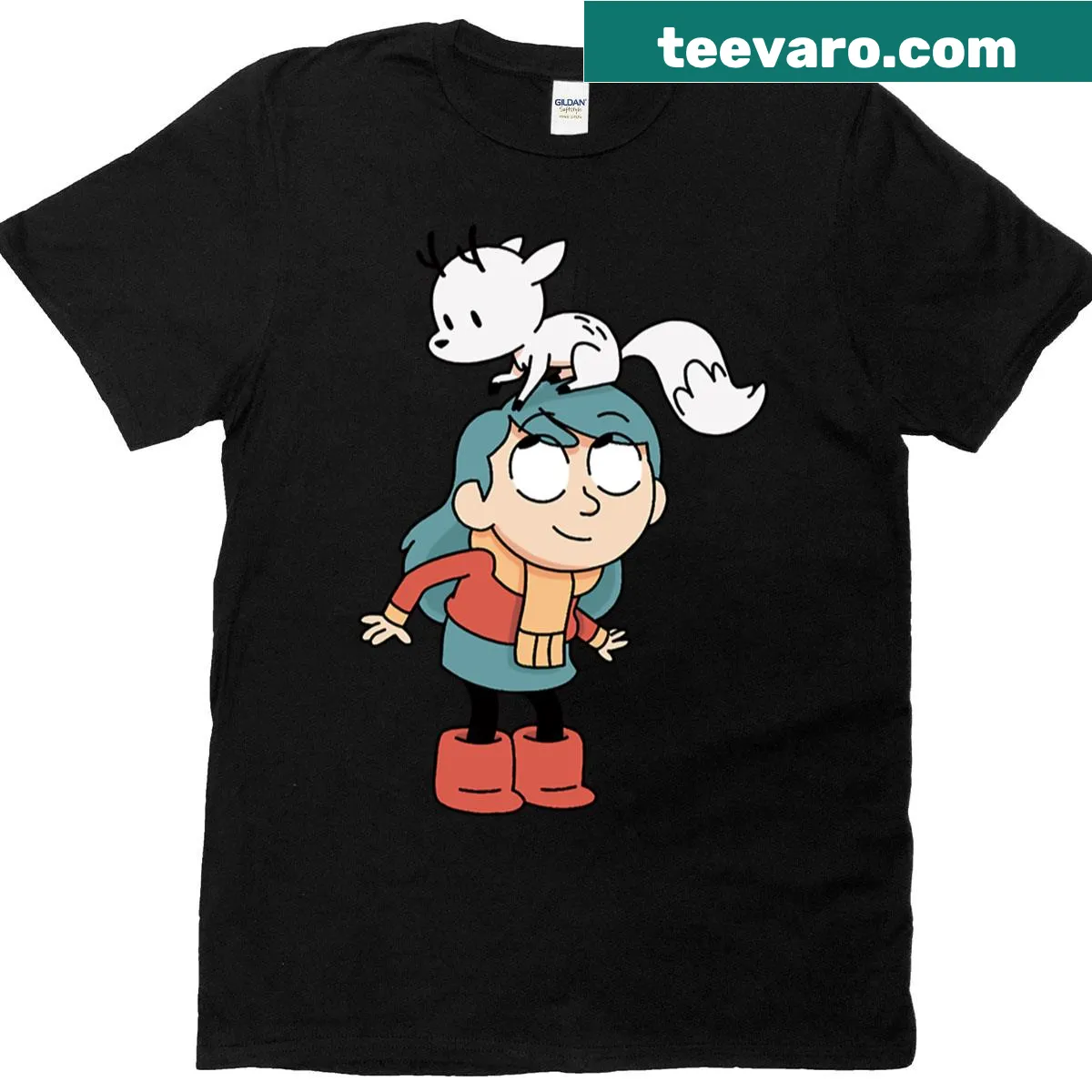 Cute T-shirt featuring Hilda and Twig illustration for kids — on a men's t-shirt