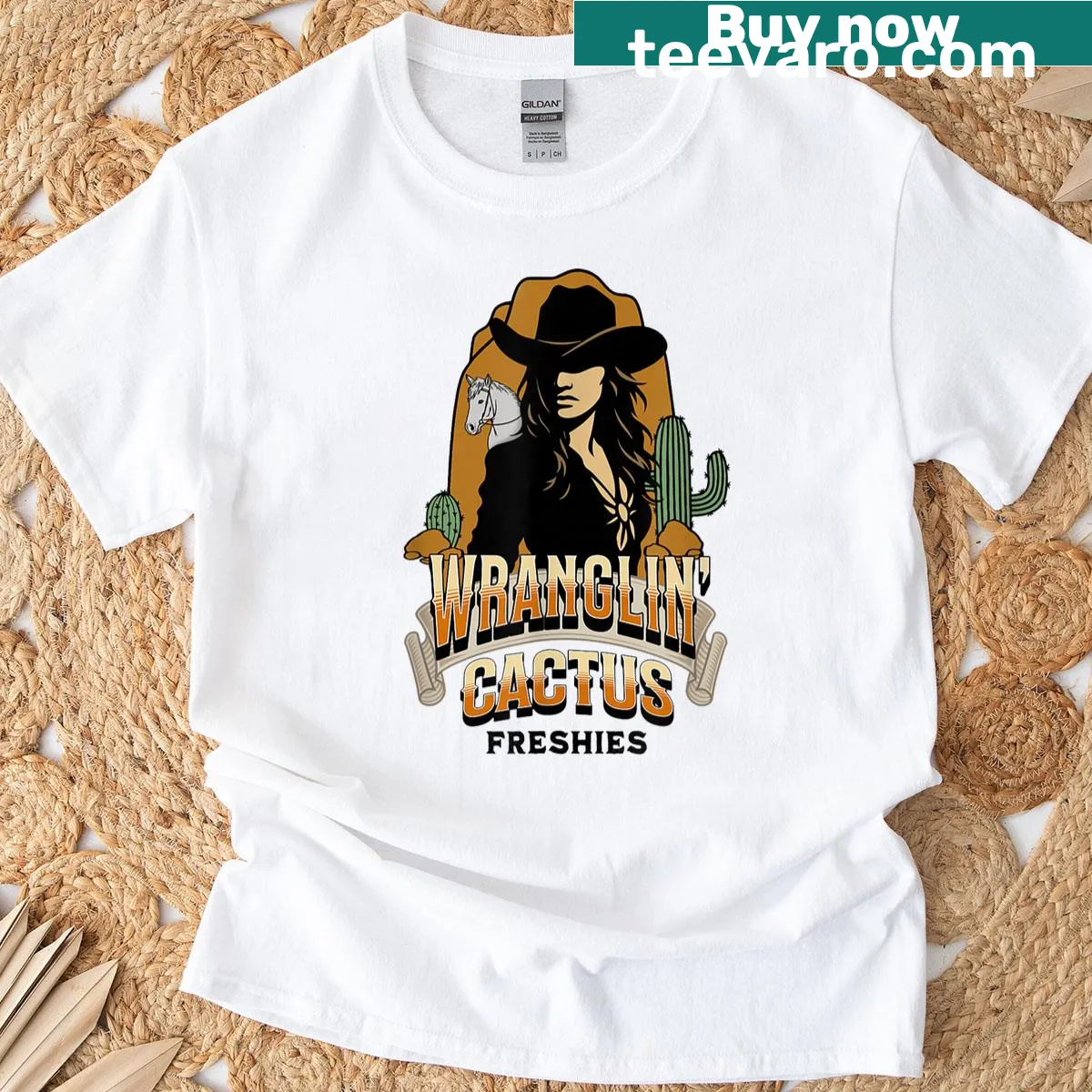 Retro t-shirt with a horse graphic in a desert setting — on a men's t-shirt