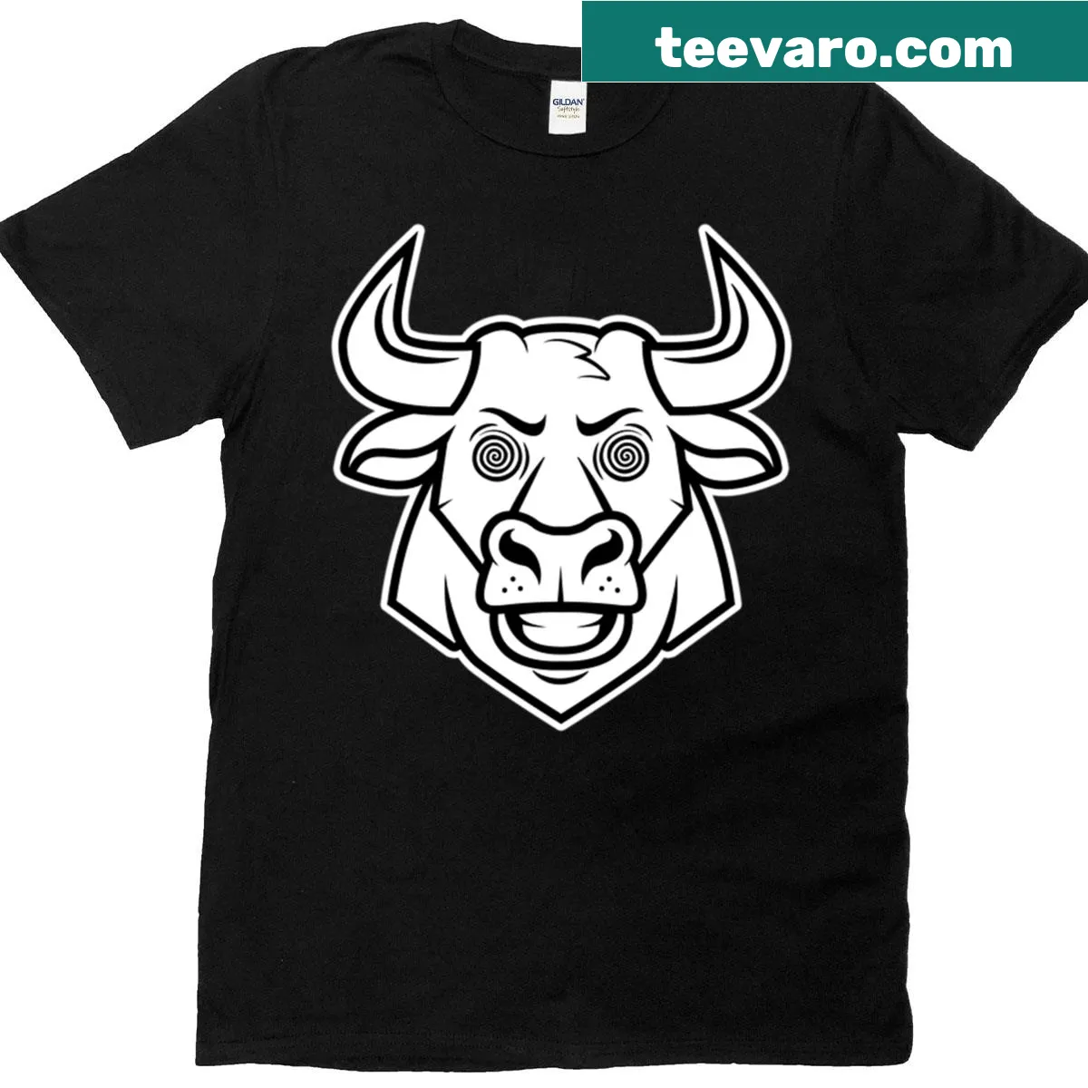 Cartoon Bull t-shirt with hypnotic spiral design — on a men's t-shirt
