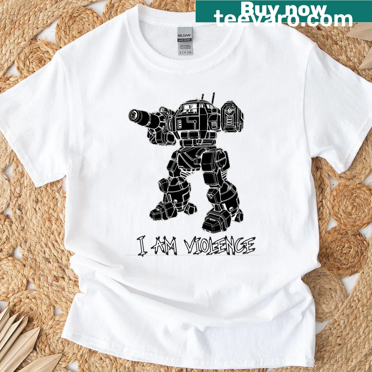 Graphic t-shirt with the phrase 'I Am Violence Urbanmech' — on a men's t-shirt