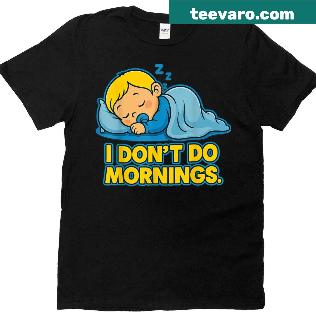 Funny sleepwear t-shirt with humorous morning struggle text — on a men's t-shirt