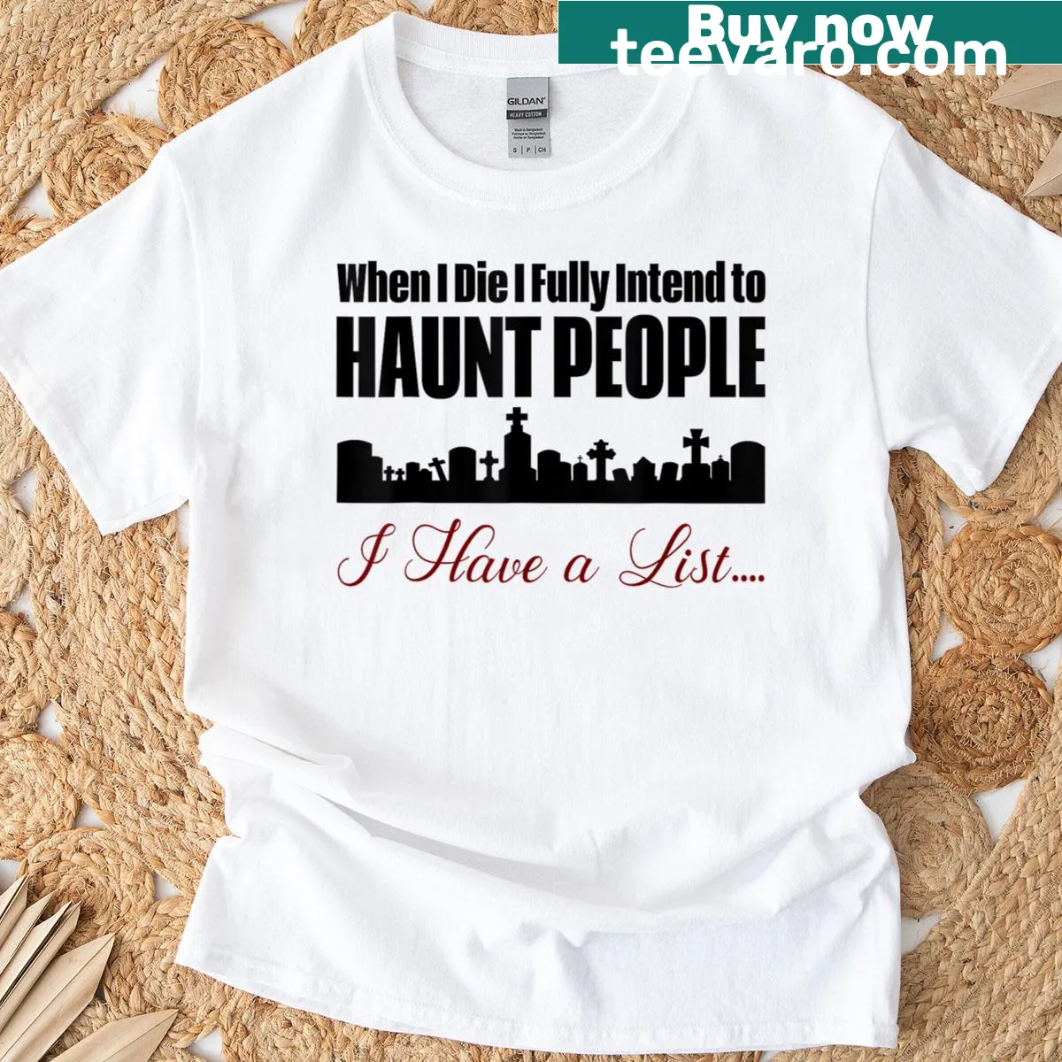 Humorous t-shirt featuring 'I Intend To Haunt People' phrase — on a men's t-shirt