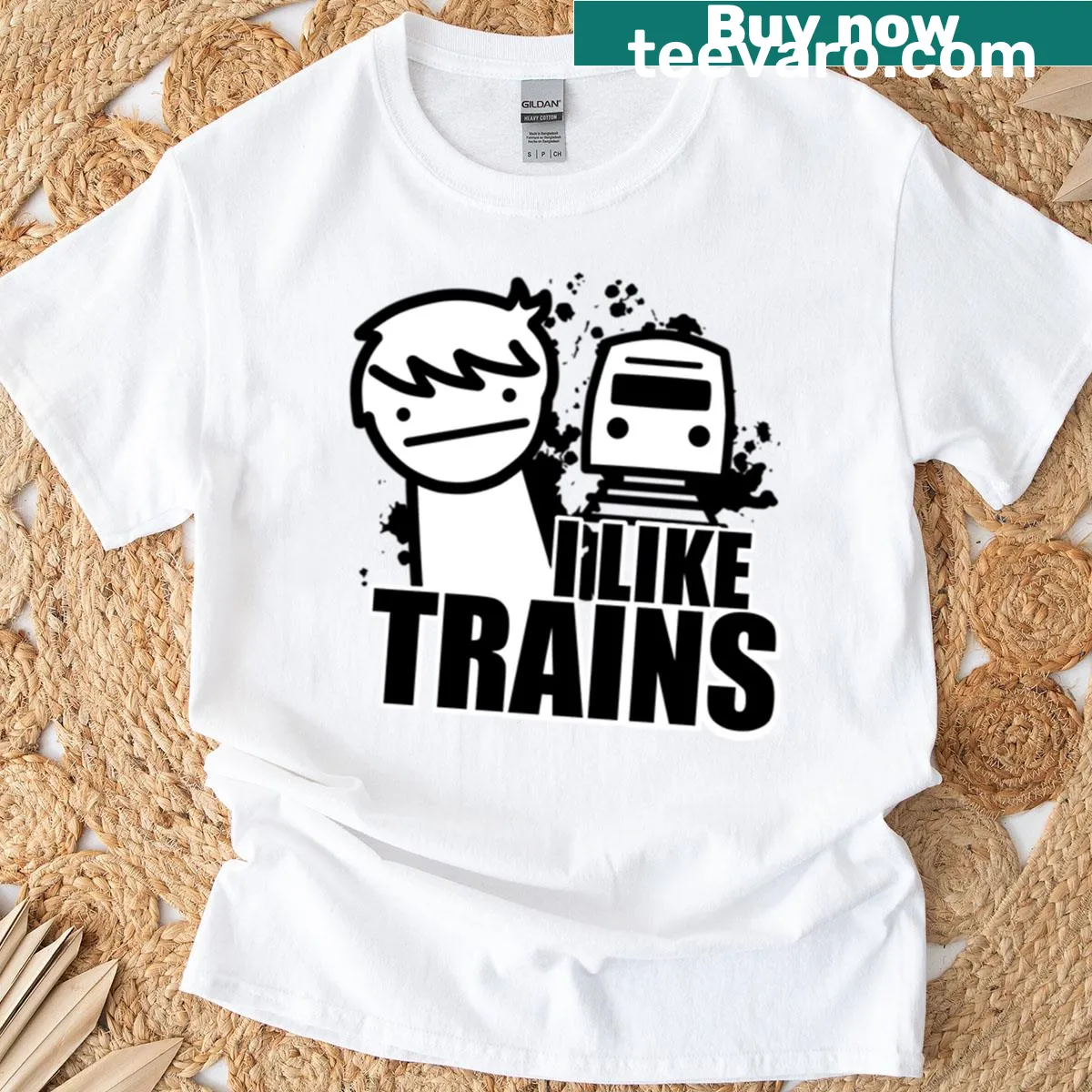 Art design t-shirt featuring the phrase 'I Like Trains' with playful graphics — on a men's t-shirt