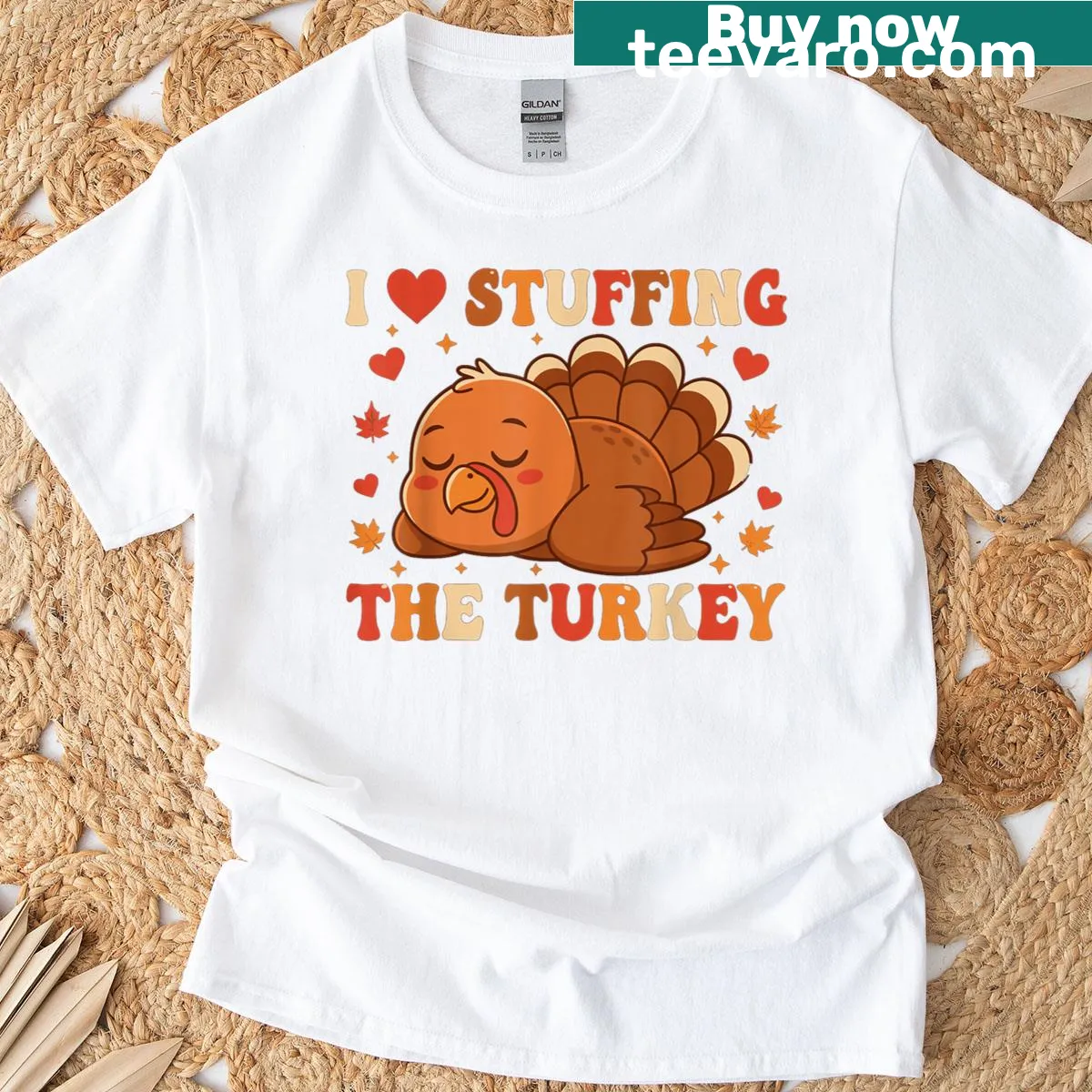 Couple matching t-shirt with 'I Love Stuffing' and turkey graphic — on a men's t-shirt
