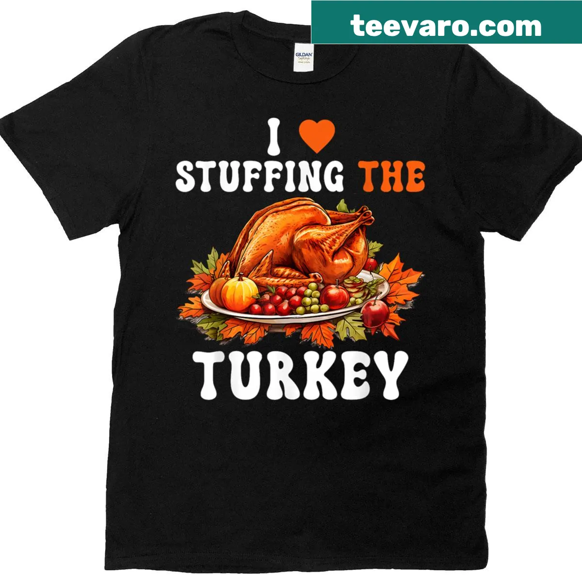 Matching couple T-shirts featuring turkey illustration for Thanksgiving — on a men's t-shirt