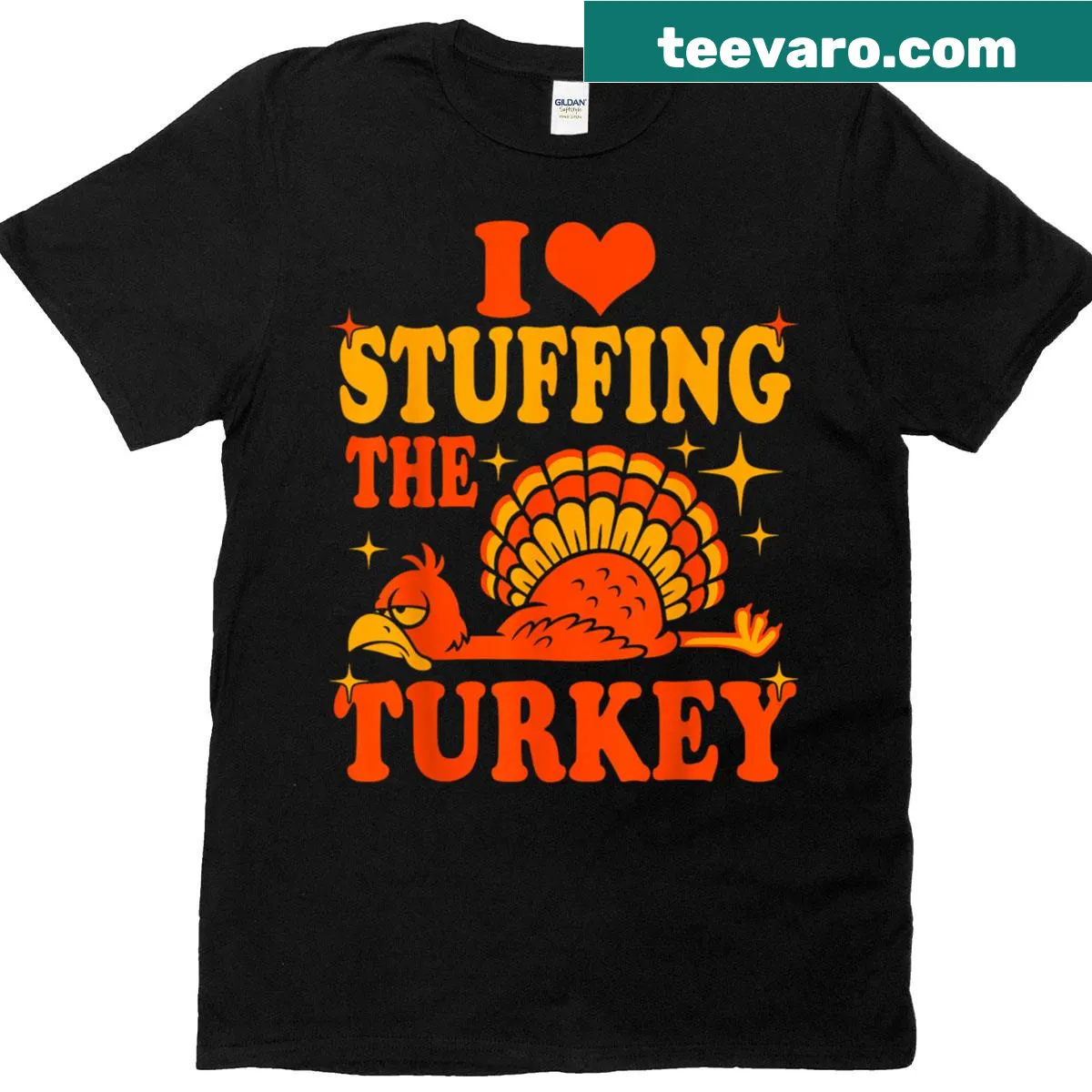 Couple matching Thanksgiving T-shirts with turkey stuffing graphic — on a men's t-shirt