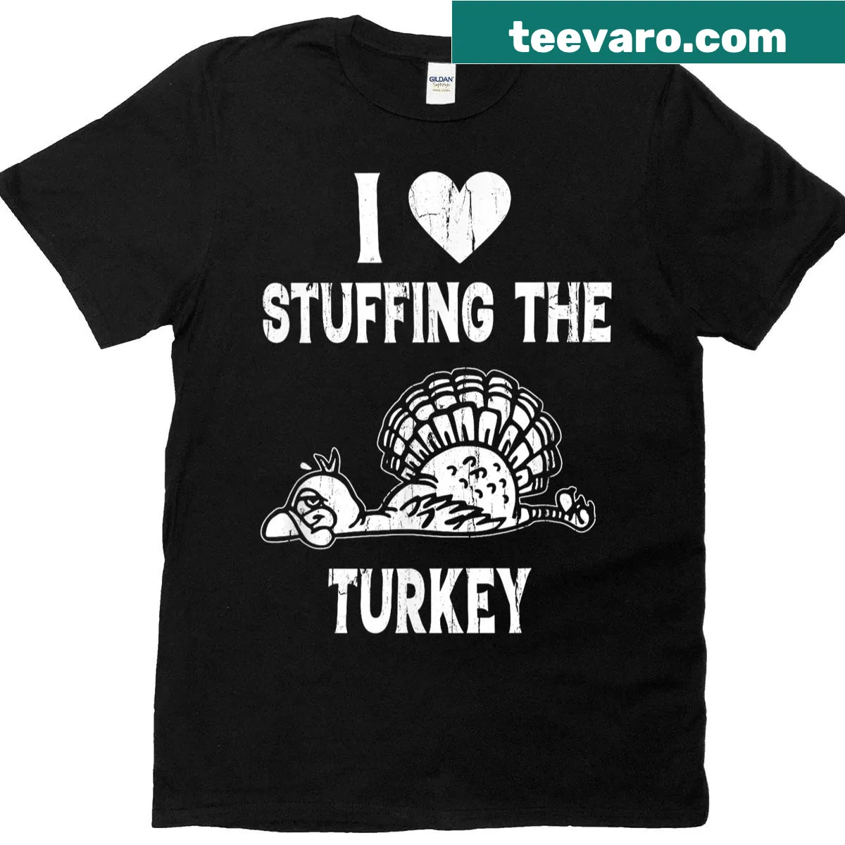 Matching couple t-shirts with humorous turkey stuffing text — on a men's t-shirt