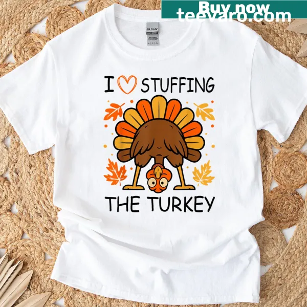 Cartoon couple t-shirt with turkey stuffing design for Thanksgiving