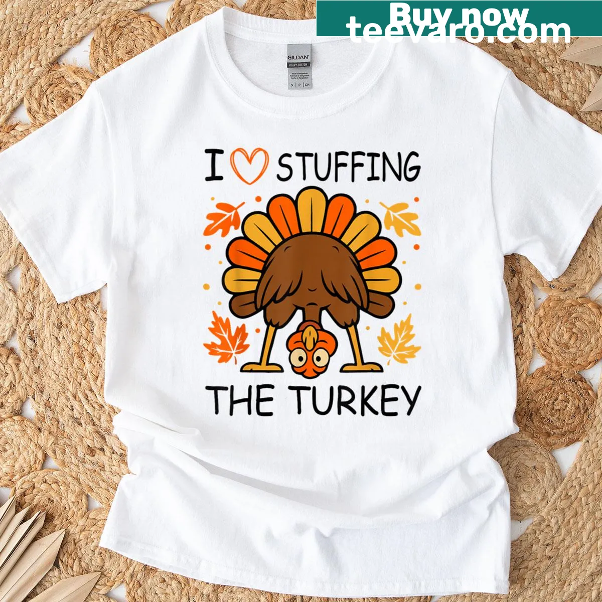Cartoon couple t-shirt with turkey stuffing design for Thanksgiving — on a men's t-shirt