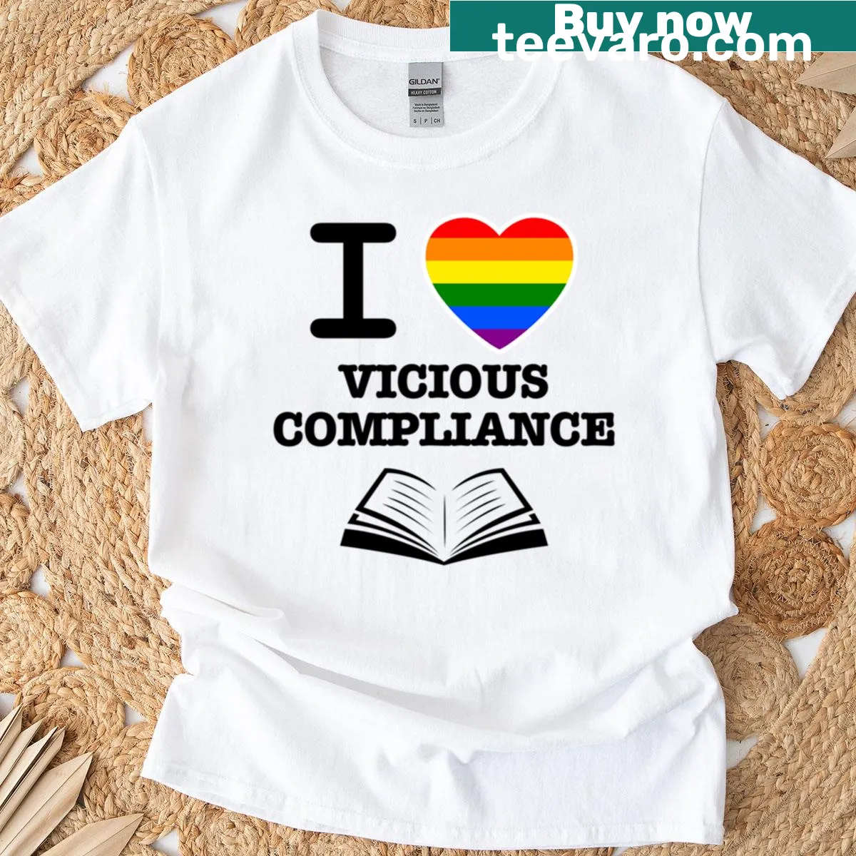 T-shirt with colorful rainbow heart and phrase about compliance — on a men's t-shirt