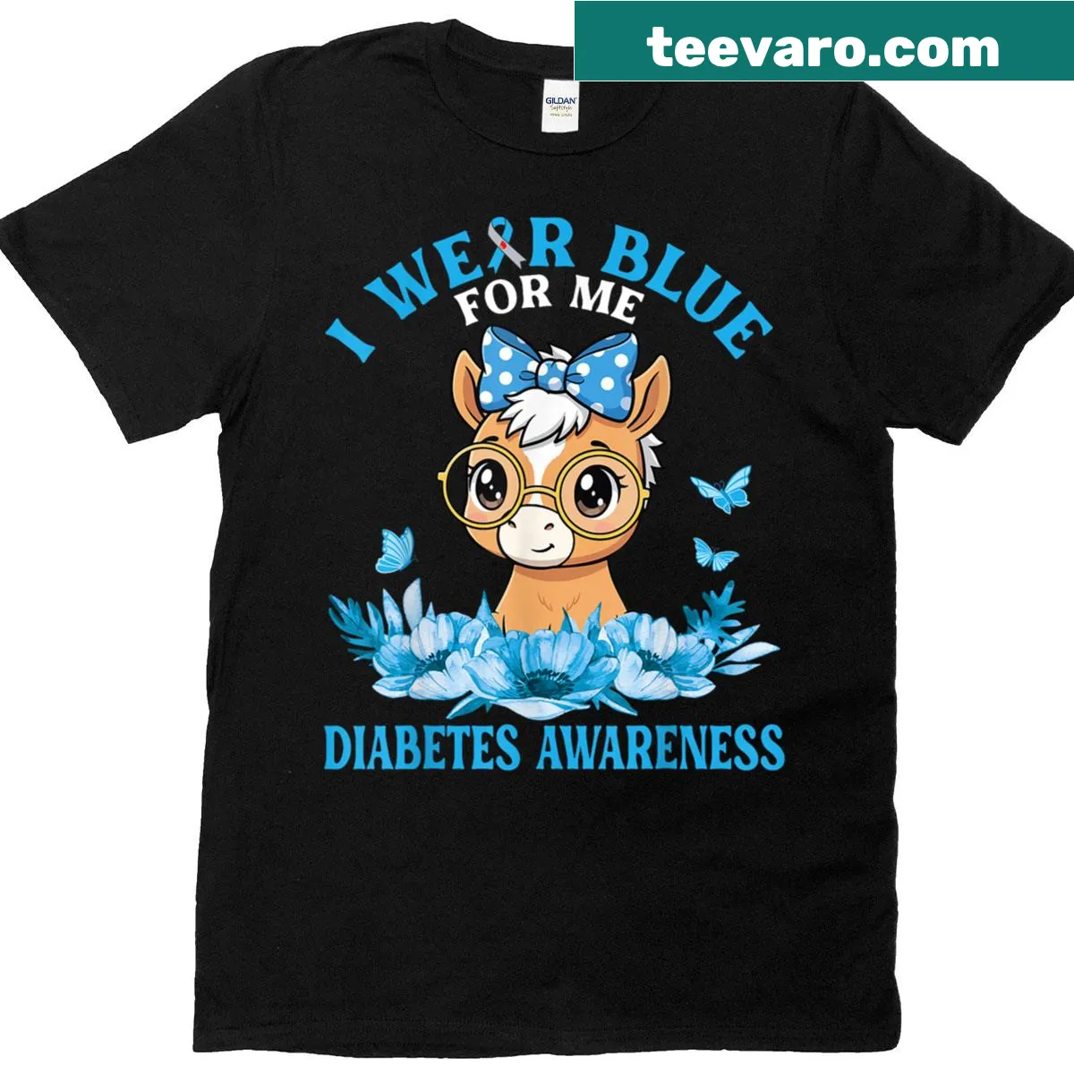Cute horse with flowers T-shirt for diabetes awareness — on a men's t-shirt