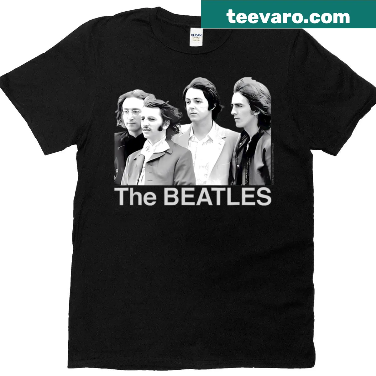 Illustrative band portrait T-shirt celebrating iconic music — on a men's t-shirt