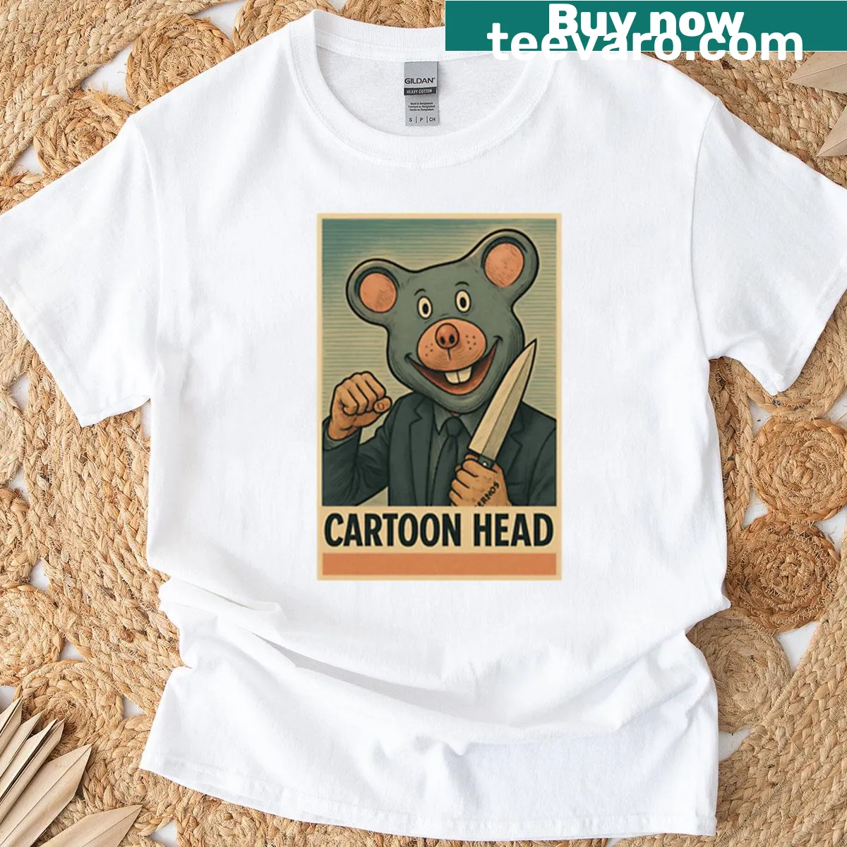 Cartoon head graphic on a lighthearted T-shirt — on a men's t-shirt