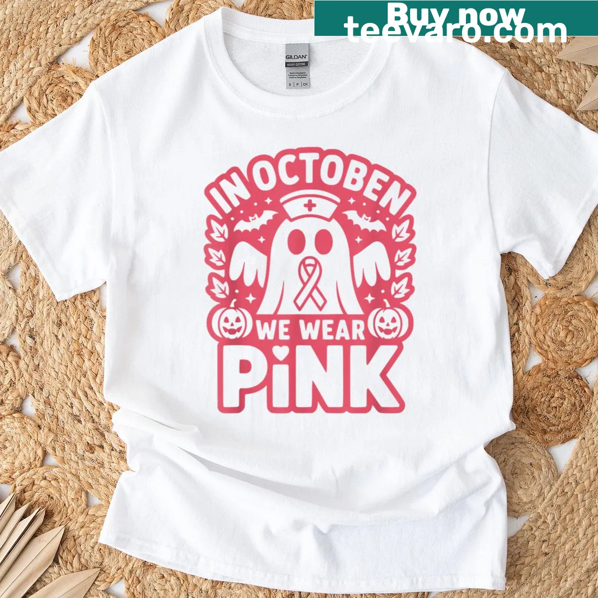 Nurse Halloween t-shirt with Ghost design promoting breast cancer awareness — on a men's t-shirt