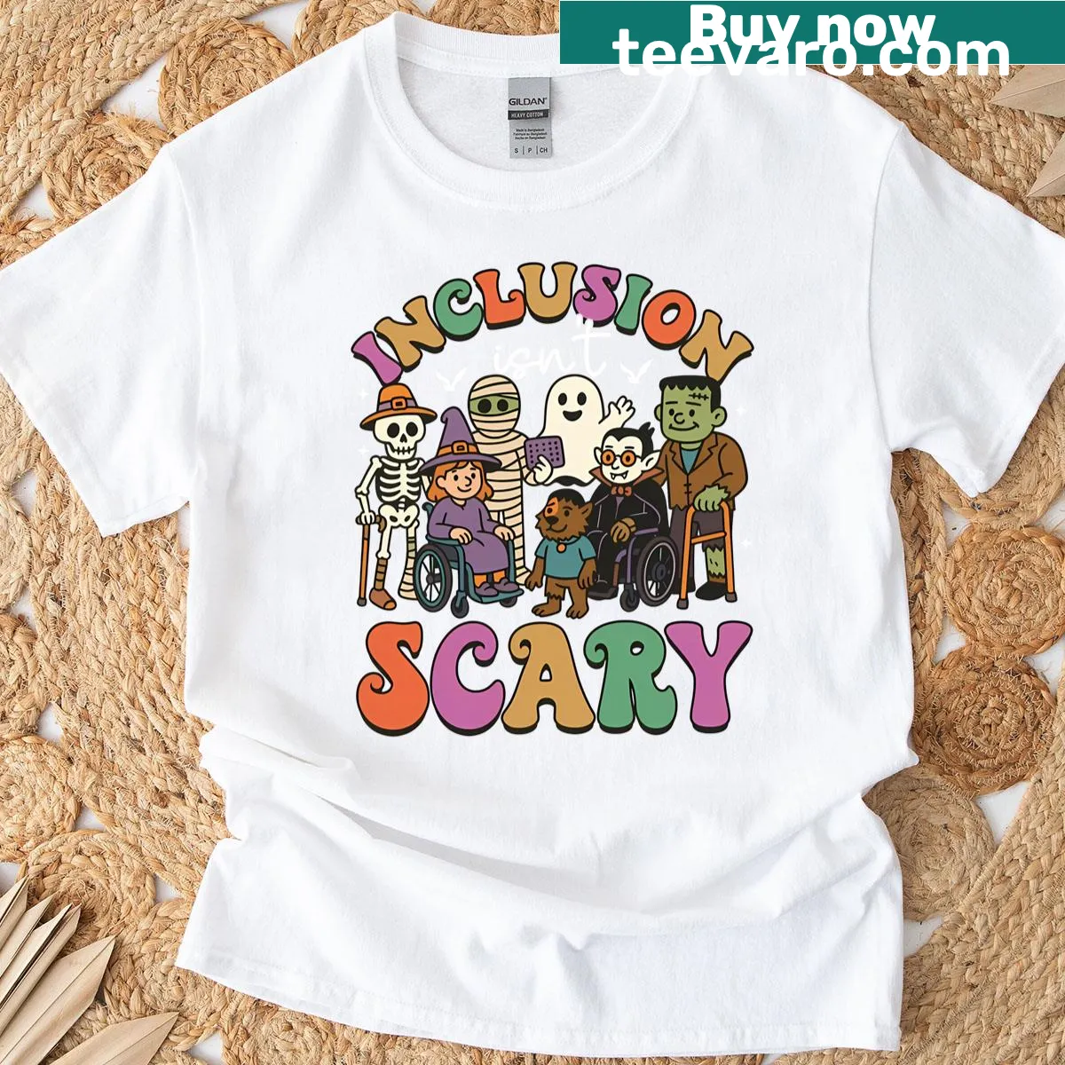 Halloween t-shirt with ghost and mummy graphics promoting inclusion — on a men's t-shirt