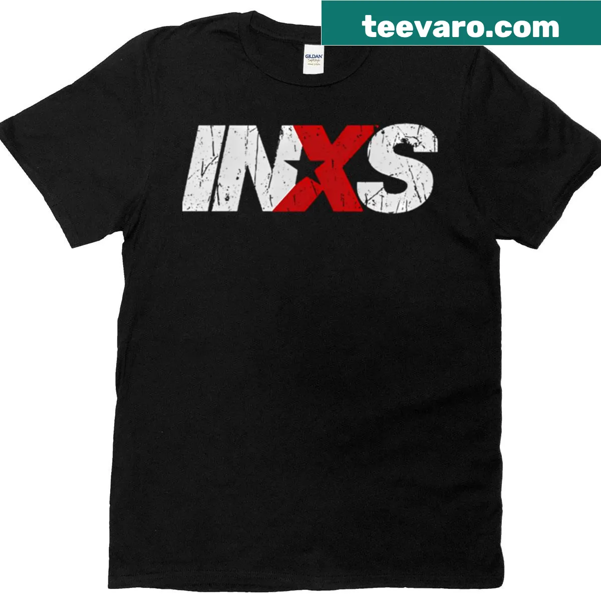 Vintage-style INXS logo T-shirt with distressed illustration — on a men's t-shirt