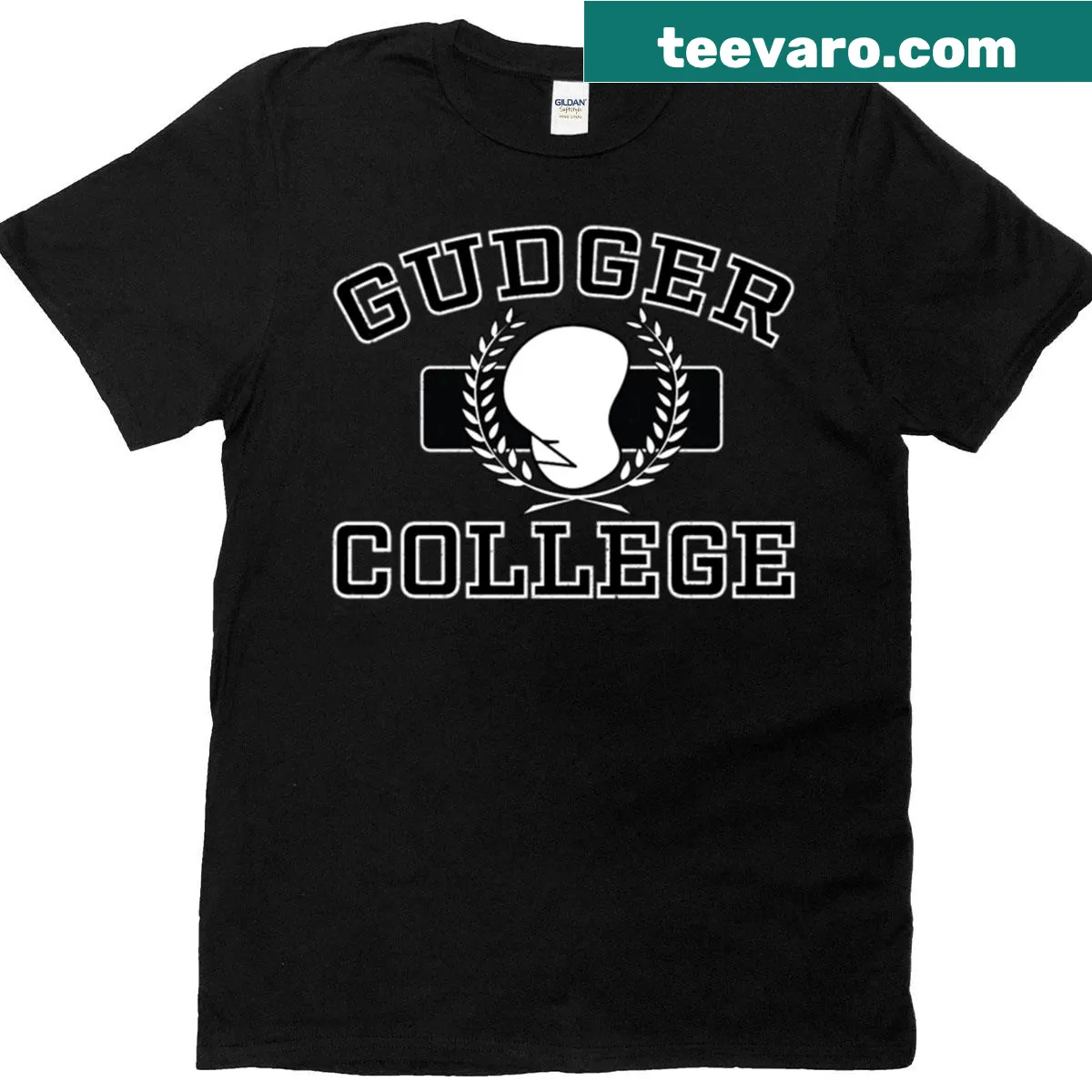 Typographic T-shirt celebrating Gudger College — on a men's t-shirt