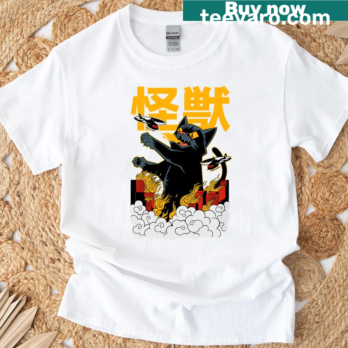 Funny cartoon cat graphic T-shirt featuring a zilla theme — on a men's t-shirt