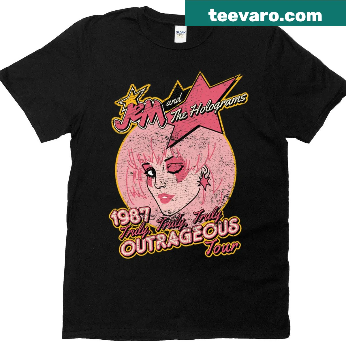 Distressed T-shirt featuring Jem and the Holograms design — on a men's t-shirt