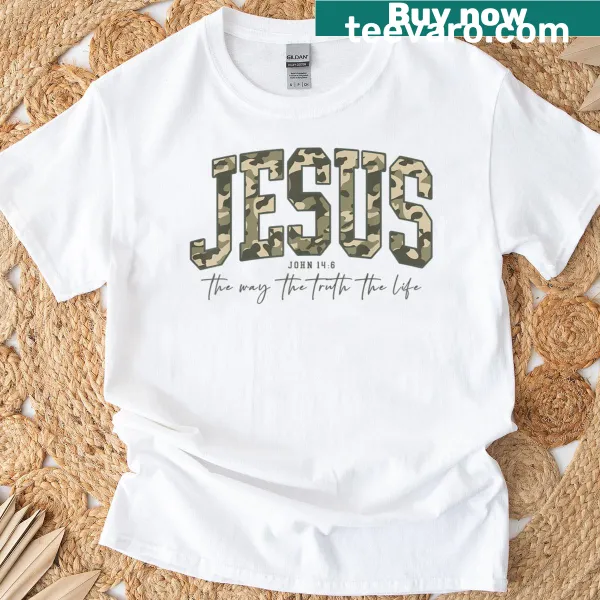 Camo pattern t-shirt featuring inspirational Christian text