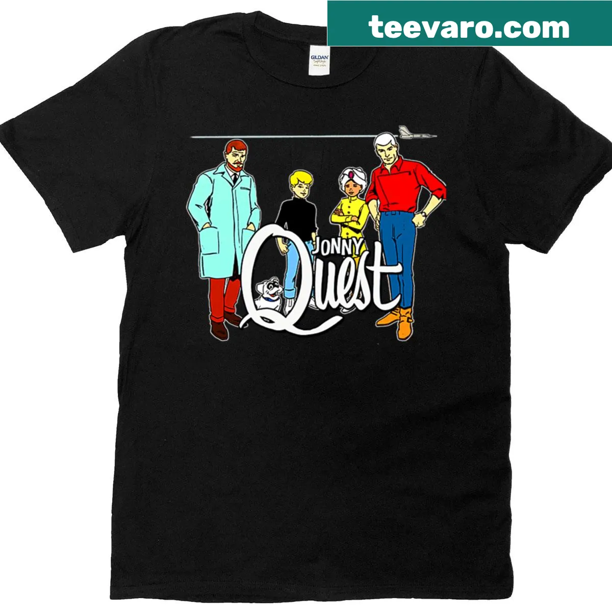 Jonny Quest t-shirt featuring classic adventure elements — on a men's t-shirt