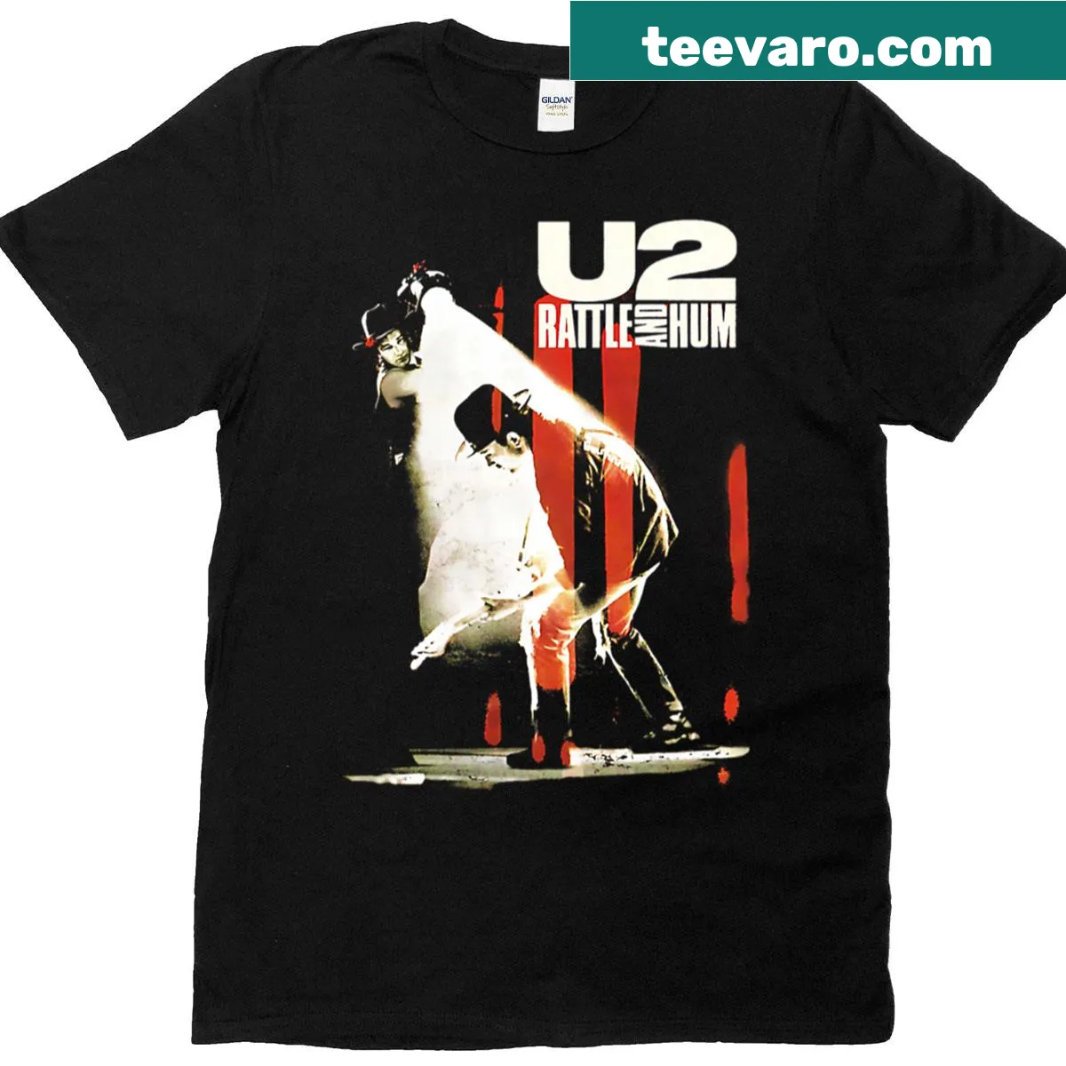 U2 themed typography design on a t-shirt — on a men's t-shirt