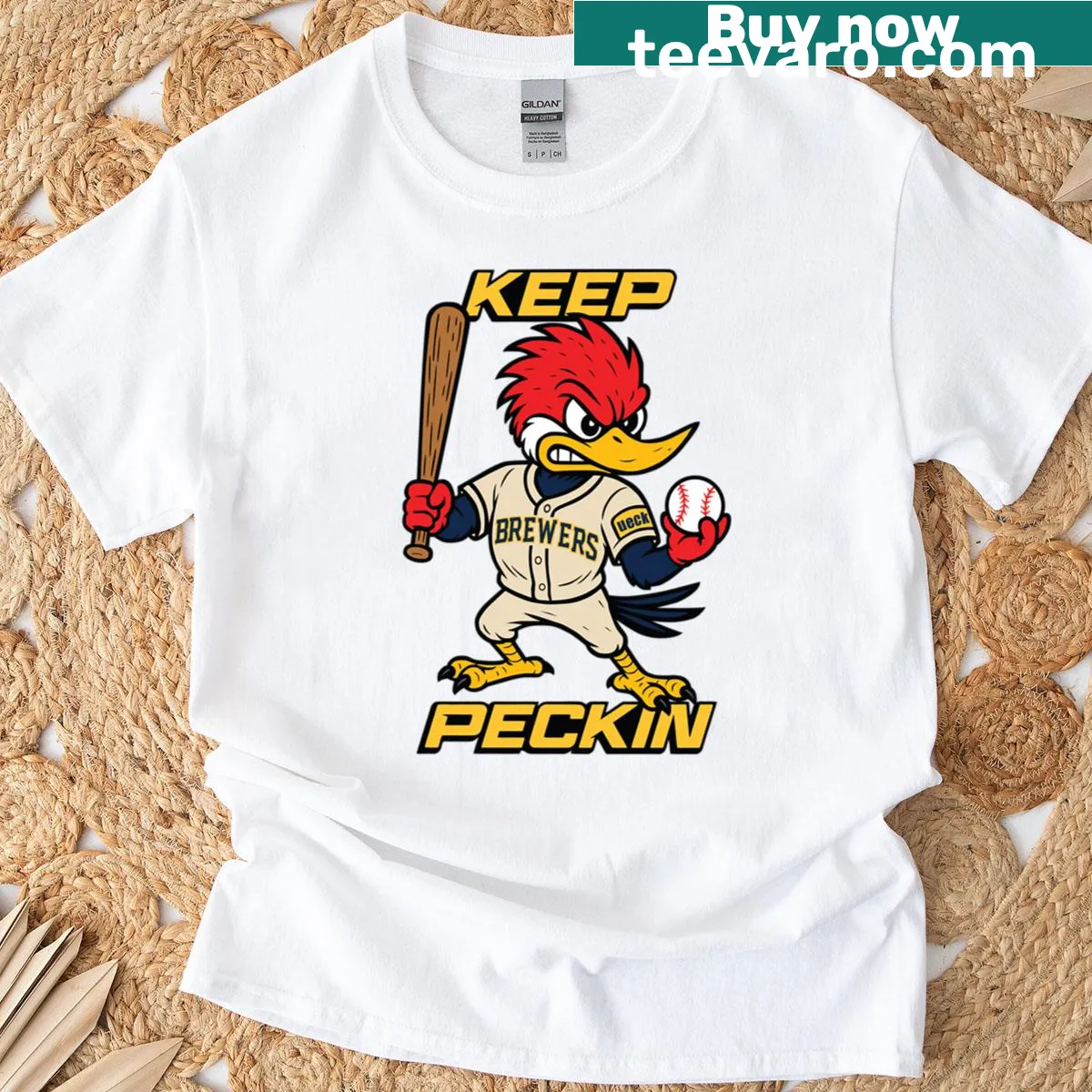 Playful illustration encouraging you to 'Keep Peckin' — on a men's t-shirt