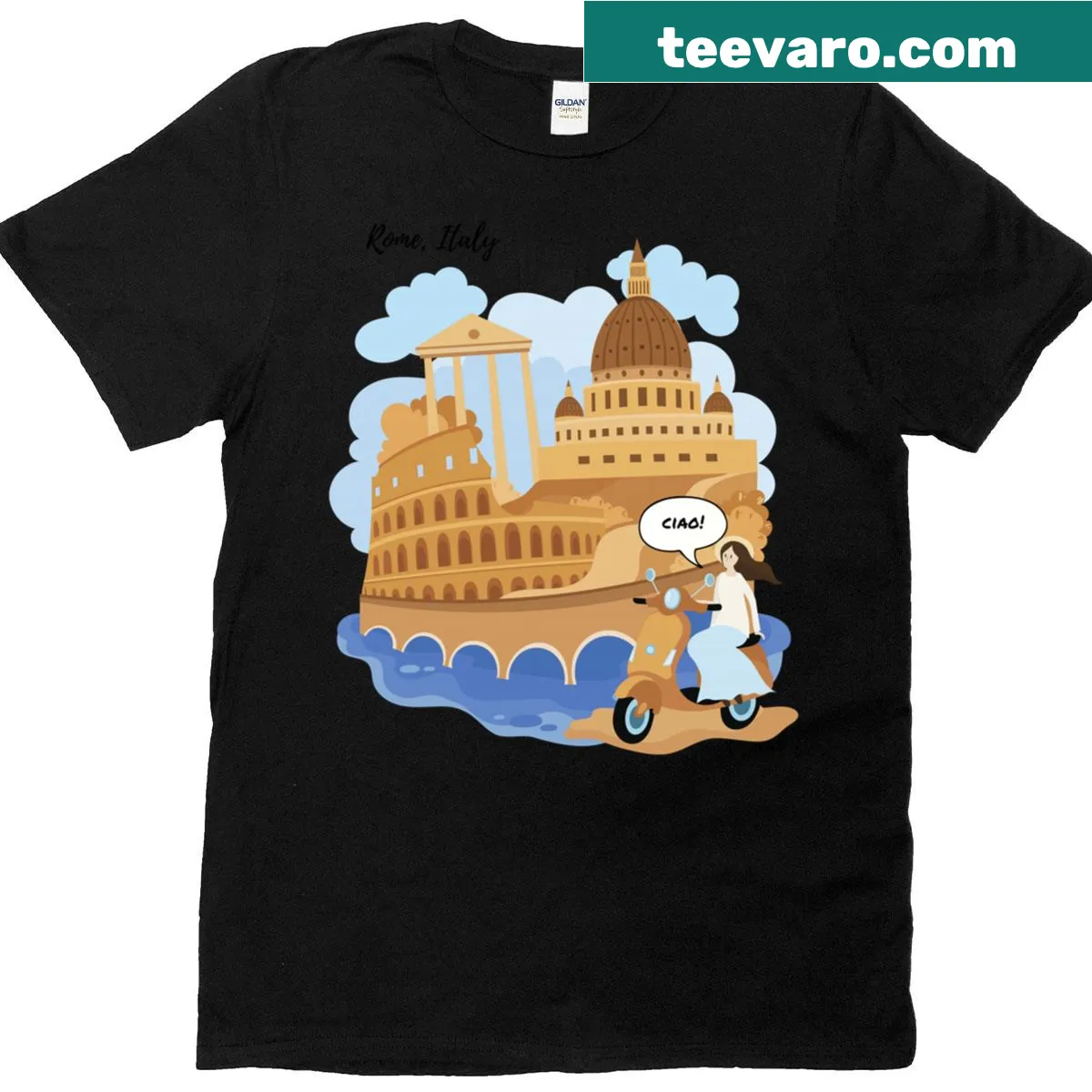 Cute Kids T-shirt with girl on bike saying Ciao — on a men's t-shirt