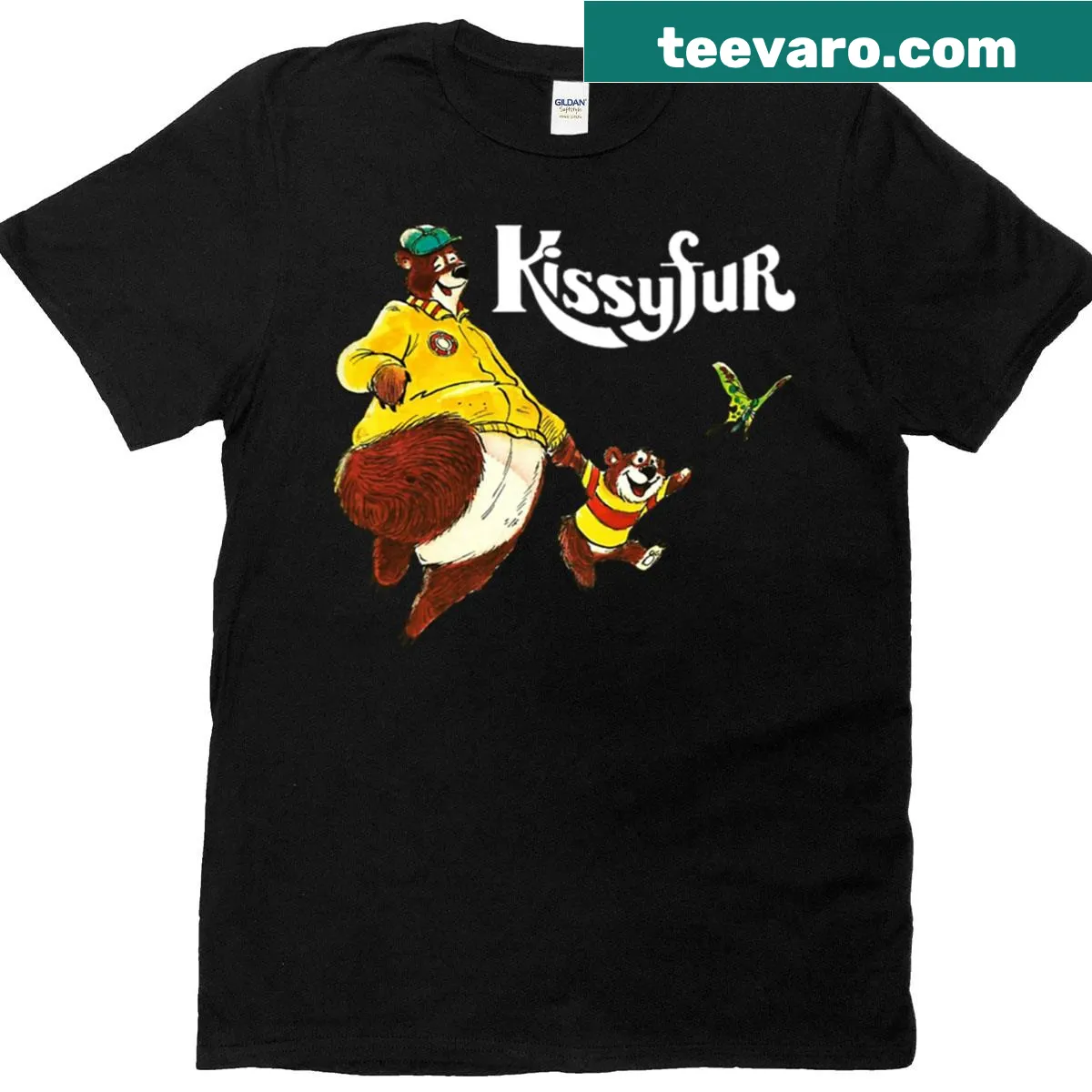 1985 Kissyfur Cartoon T-shirt featuring the character in a playful pose — on a men's t-shirt