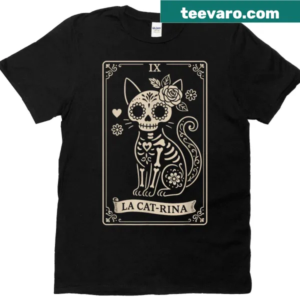 T-shirt featuring La Catrina as a funny skeleton cat