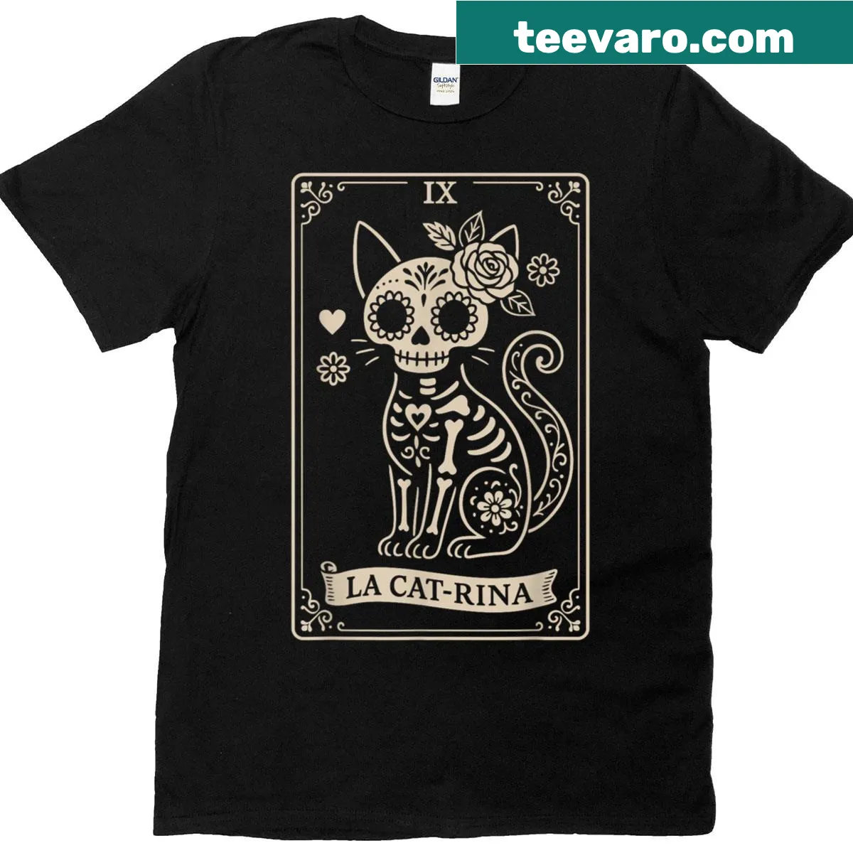 T-shirt featuring La Catrina as a funny skeleton cat — on a men's t-shirt