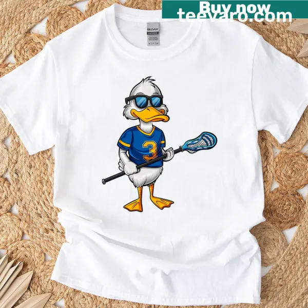 Cartoon duck in lacrosse gear on a humorous sports T-shirt