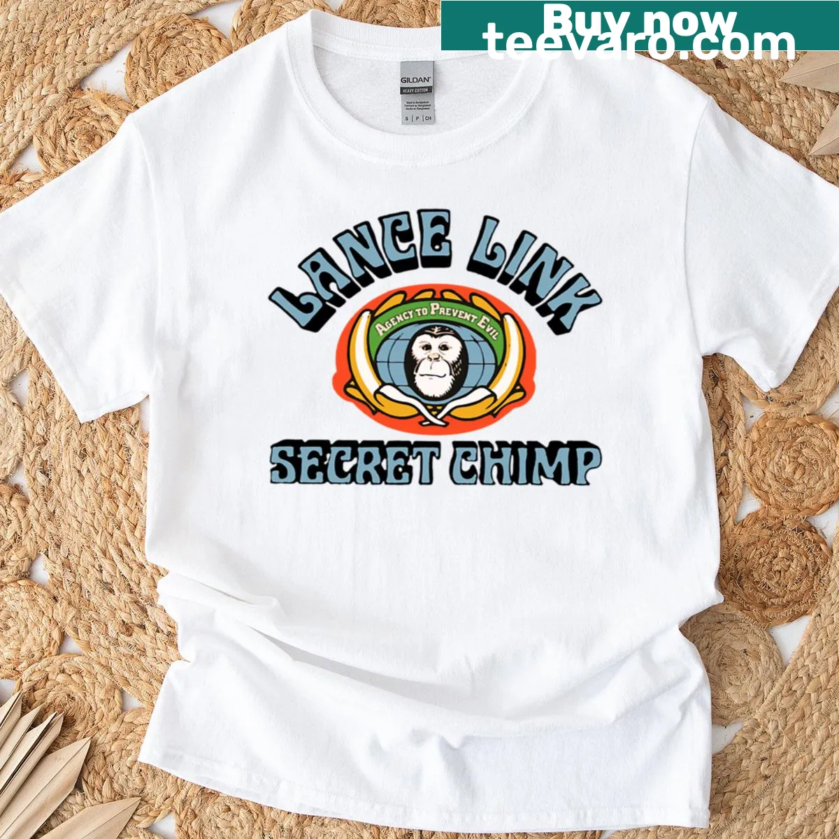 Retro t-shirt featuring 'Lance Link Secret Chimp' text — on a men's t-shirt