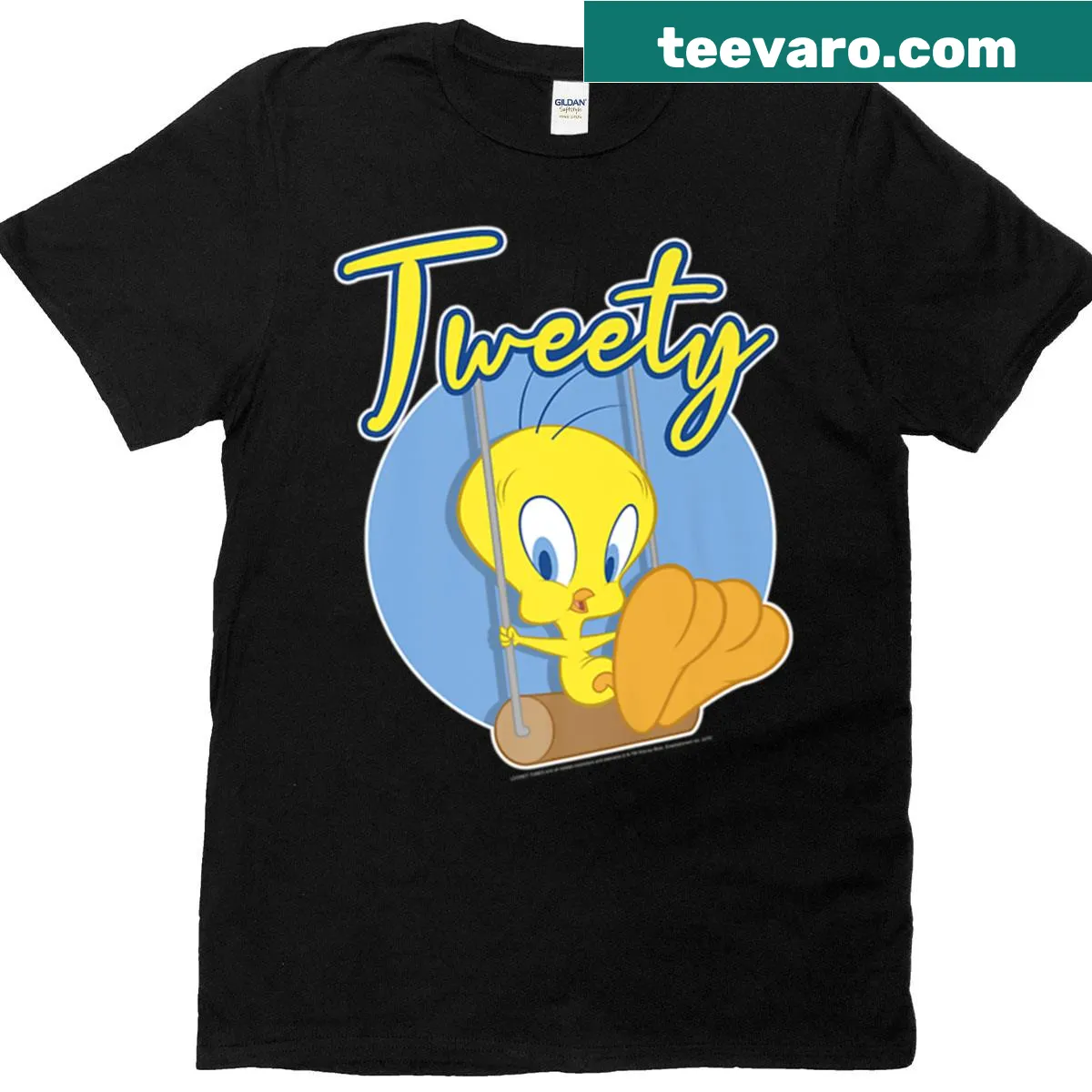 Cartoon Tweety Bird swinging graphic on a T-shirt — on a men's t-shirt