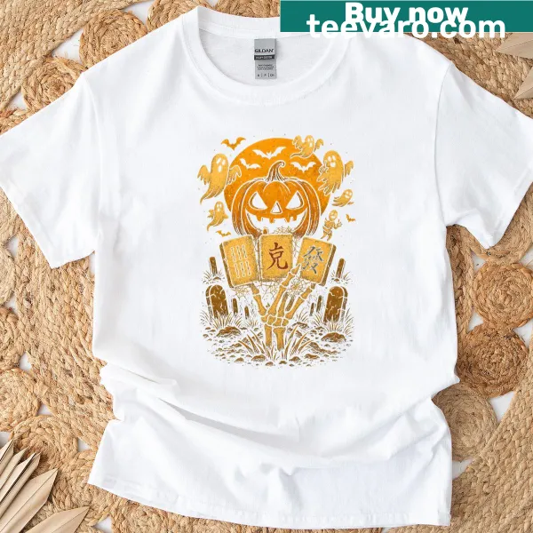 Halloween-themed Mahjong Player t-shirt with spooky graphics