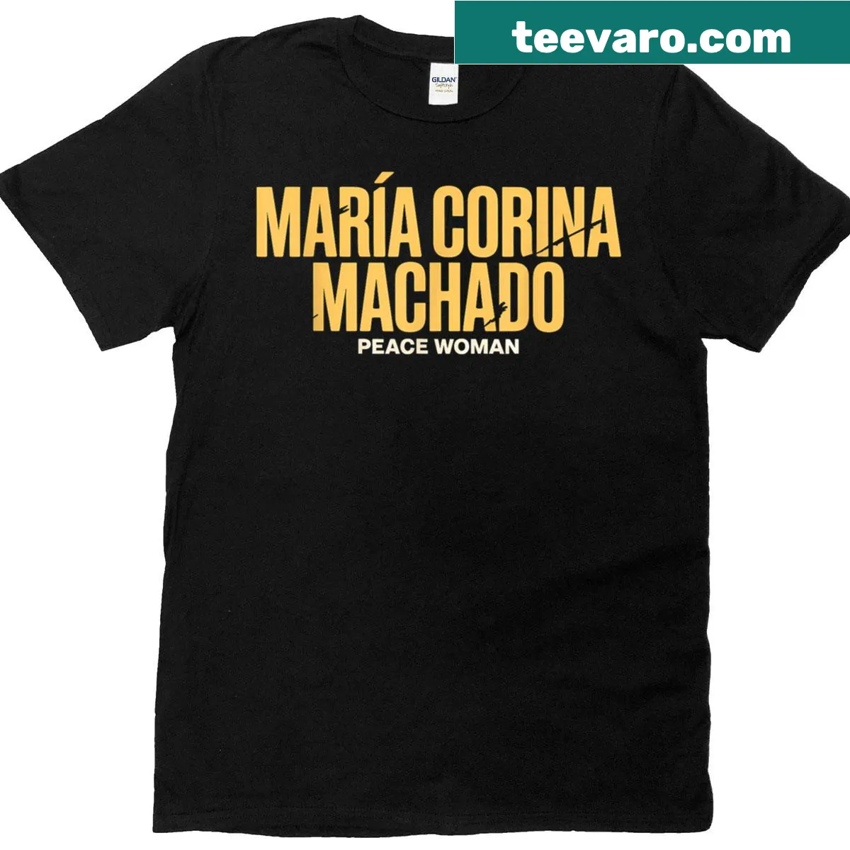 T-shirt honoring Maria Corina Machado with a peace theme — on a men's t-shirt