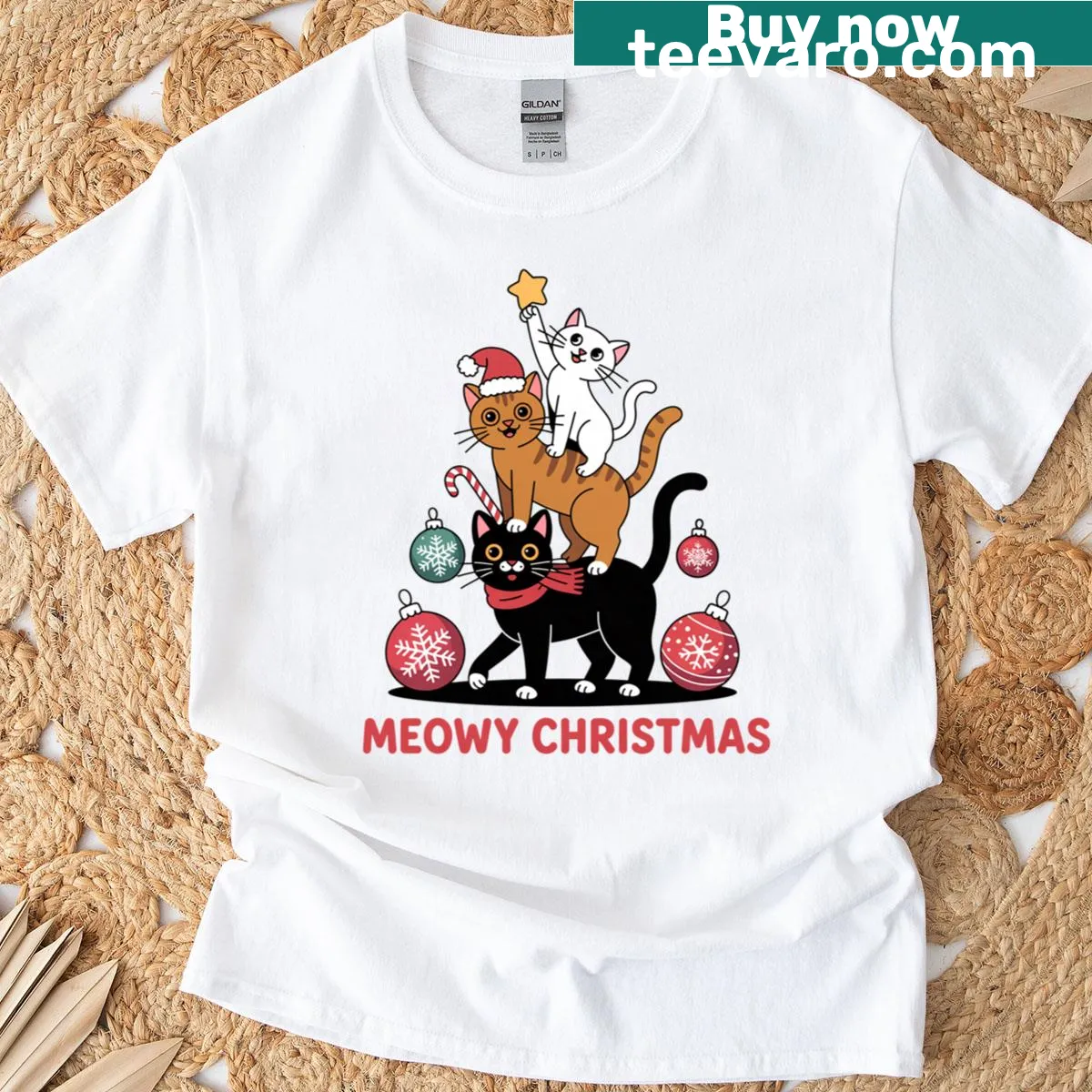 Cute holiday t-shirt with cats around a Christmas tree design. — on a men's t-shirt