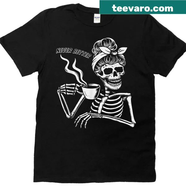 Cartoon skeleton with messy bun on a Halloween T-shirt