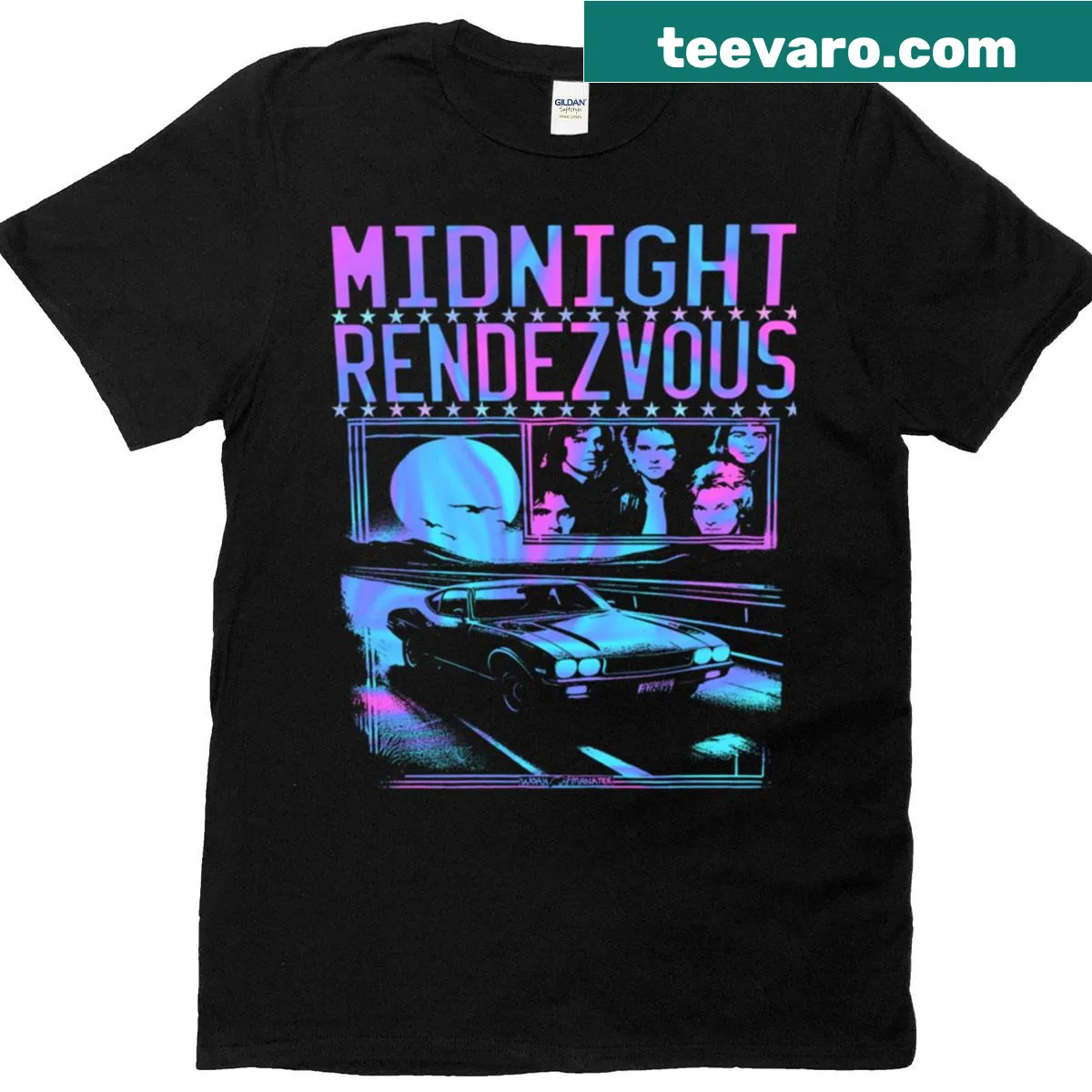 Midnight Rendezvous T-shirt with a mysterious night-themed illustration — on a men's t-shirt
