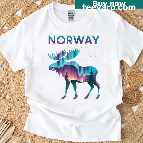 Majestic moose in front of Northern Lights graphic T-shirt