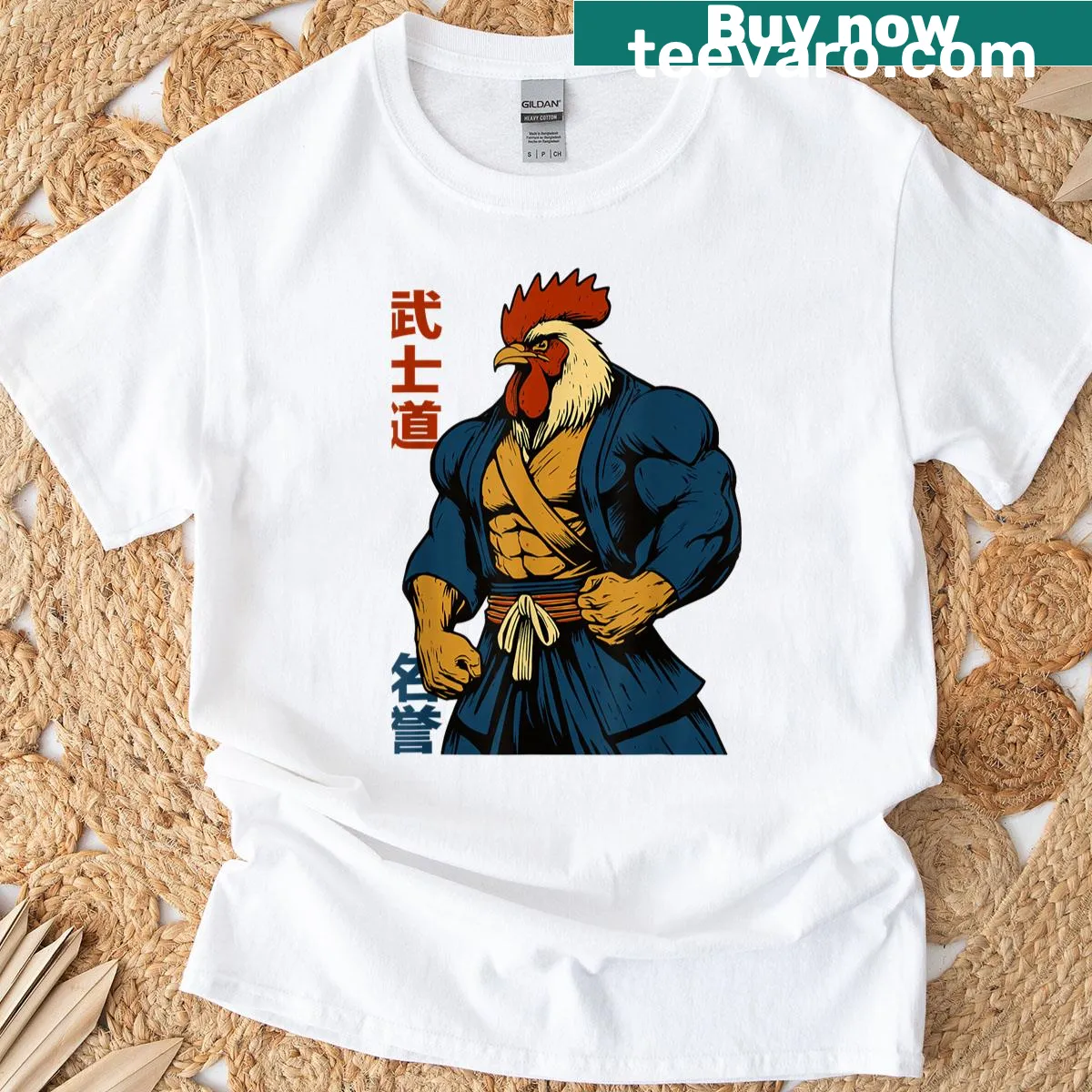 Muscular cartoon chicken in samurai gi graphic T-shirt — on a men's t-shirt