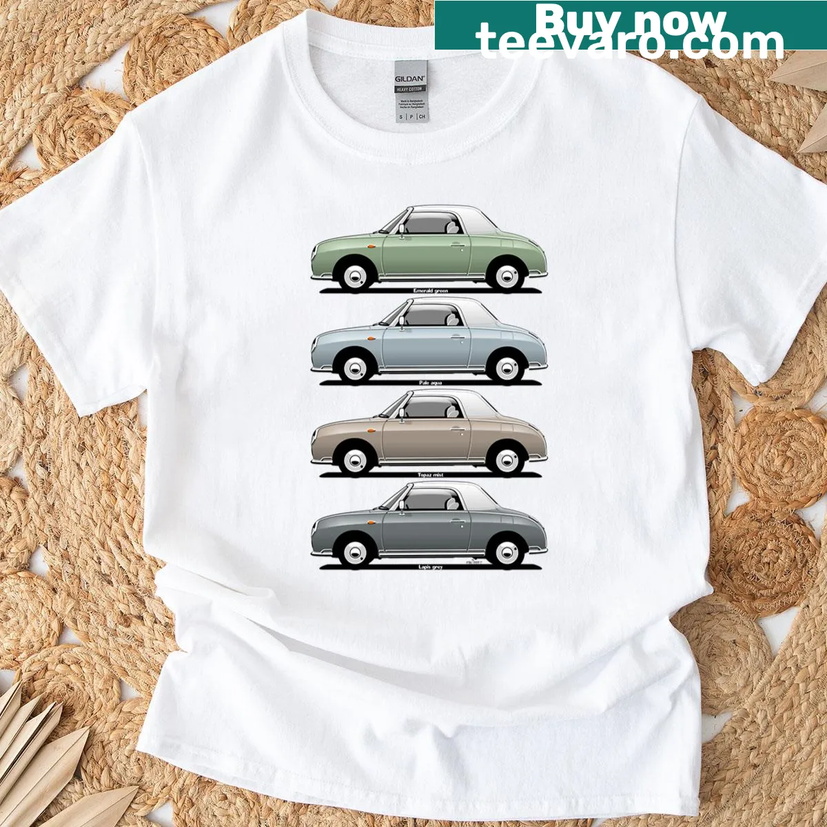 Illustrative side view of a Nissan Figaro on a t-shirt — on a men's t-shirt
