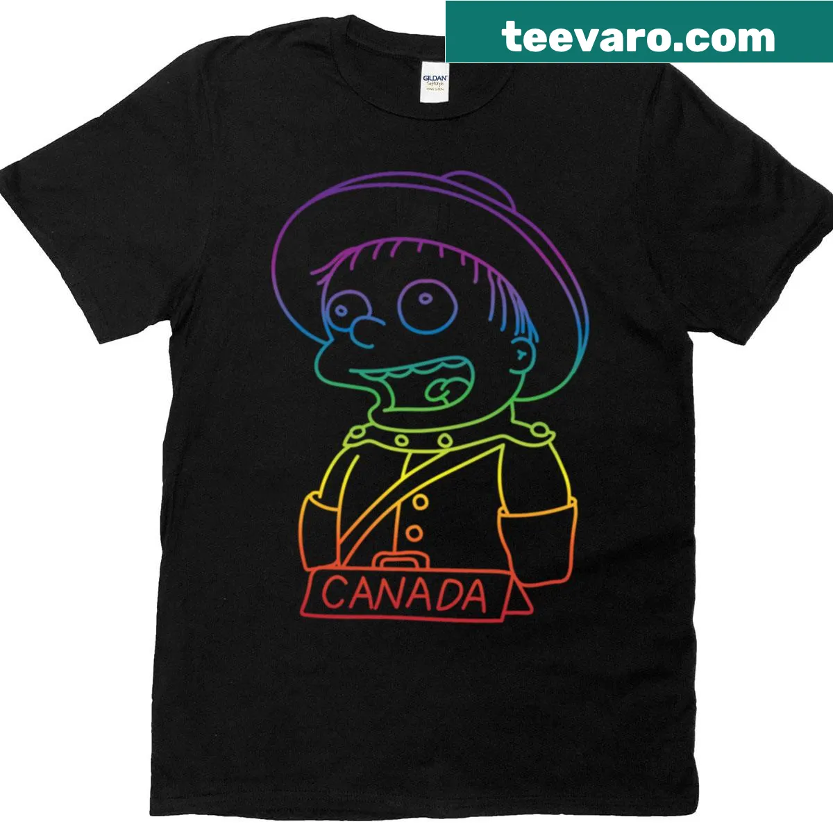 Canadian pride t-shirt with Neon Rainbow cartoon design — on a men's t-shirt